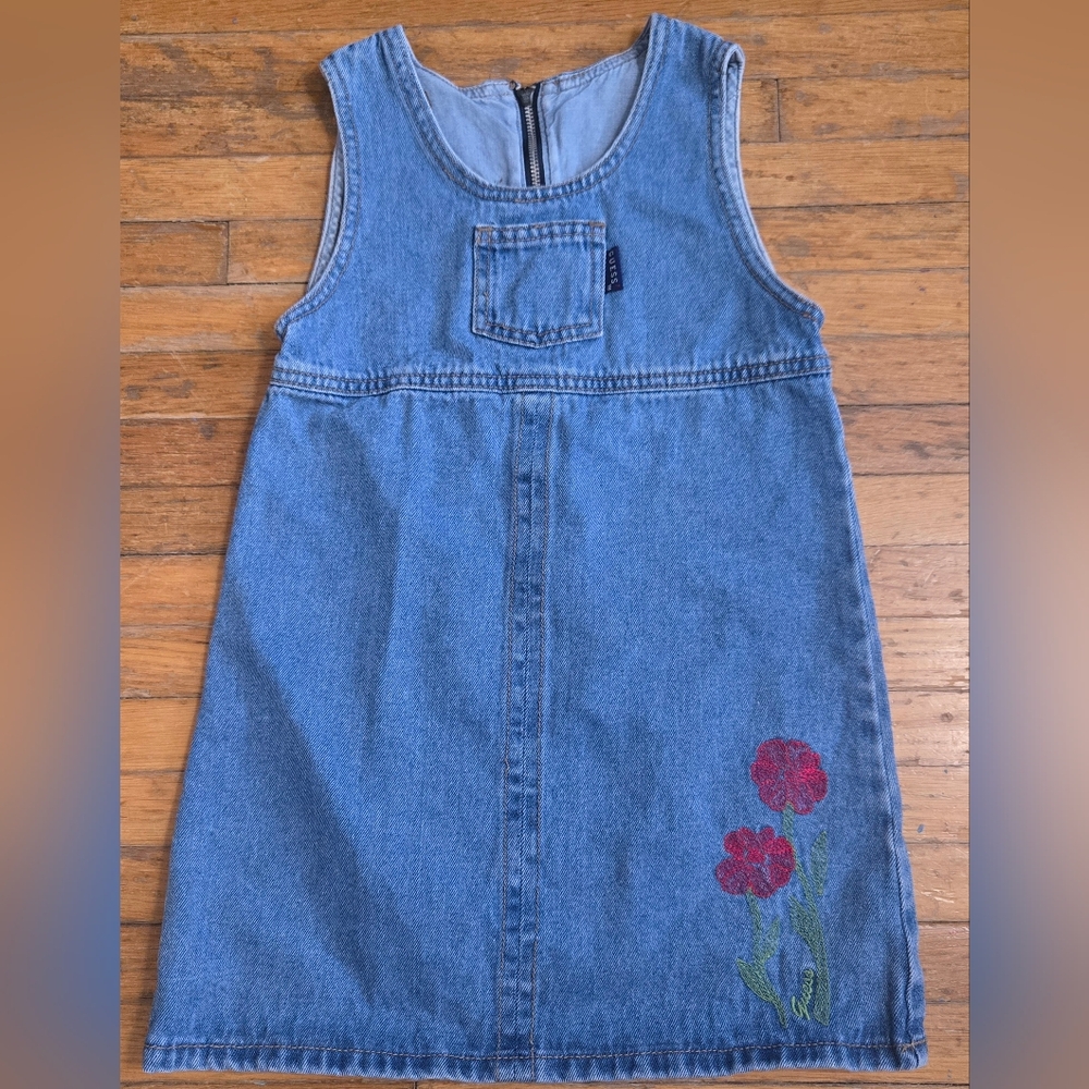 Guess Blue Denim Kids Dress with Red Floral Embroidery Vintage